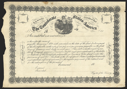 Act of December 24, 1861. No Value Listed. Cr. 109, B-146. Unissued Remainder. As previous. Unsigned. Irregular left edge, staining and chipping of edges, but a clean face,
Fine. From The Holger Dreher Collection
