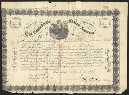 Act of December 24, 1861. $1000. Cr. 109, B-146a. No. 8510. Border Variety 3. Ceres with cornucopia and caduceus. Issued to and signed by Elmore on reverse. Made payable in
notes dated December 2, 1862. One of the last ones issued. Written
