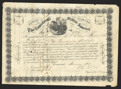 Act of December 24, 1861. $1000. Cr. 109, B-146a. No. 7749. As previous. Issued to and signed by Elmore on the reverse. Signed by Tyler. Edge wear including some chipping, tape
repairs to edges on verso, Fine. From The Holger Dreher C