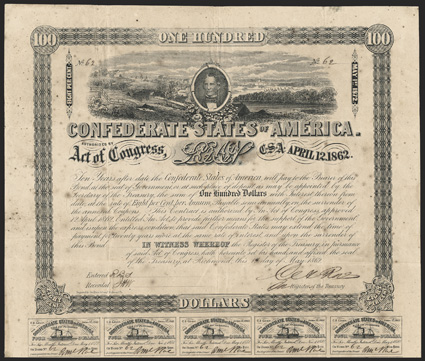 Act of April 12, 1862. $100. Cr. 110. Criswell Plate Bond. B-147. No. 62. Portrait of C.G. Memminger, center, with view of Richmond, Virginia from the west behind, left and
right. Signed by Rose. 15 coupons below. Engraved by Geo. Dunn & C