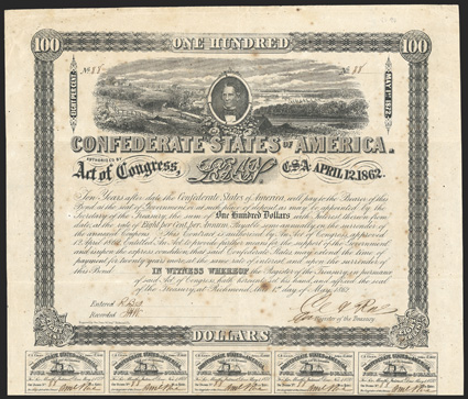 Act of April 12, 1862. $100. Cr. 110, B-147. No. 88.  Signed by Rose. 15 coupons below. folds, light edge wear, overall foxing, about VF.