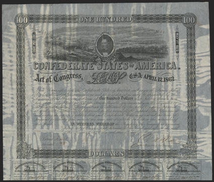 Act of April 12, 1862. $100. Cr. 110, B-147. No. 69. Signed by Rose. Number 69 of 381 known issued. 15 coupons below. Extensive staining from exposure to flood waters in
tropical storm Allison in 2001 while stored in a folder with black const