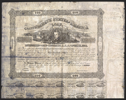 Act of April 12, 1862. $500. Cr. 111, B-279. No. 5547. One of 18. As previous, but issued for the amendatory Act of April 27, 1863. Signed by Rose. 15 coupons below. Edge and
fold wear, heavily wrinkled and stained from flood waters in tropic