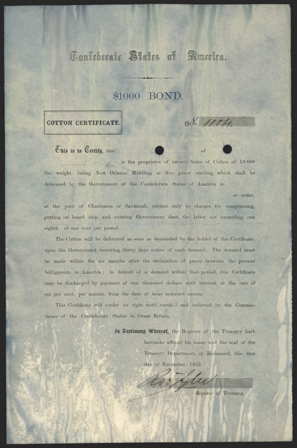 Act of April 21, 1862. $1000 Bond - Cotton Certificate. Cr. 115. Criswell Plate Bond. B-152. No. 1004. Printed form on white paper. Payable at Charleston or Savannah. Signed by
Tyler. Overall staining from exposure to flood waters intropi