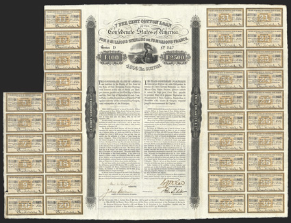 Act of January 29, 1863. 100 Pounds Sterling  2500 Francs. Cr. 116, B-156. No. 847. Series D. On heavy watermarked paper, very ornate bond with beautifully engraved vignette of
Liberty holding Confederate Stars and Bars, leaning on bales of