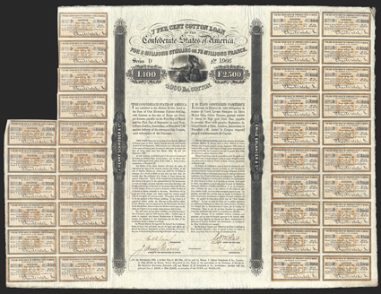 Act of January 29, 1863. 100 Pounds (2500 Francs). Cr. 116, B-156. No. 1966. Series D. Light orange-brown overprint on coupons at sides. On heavy watermarked paper, very ornate
bond with engraved vignette of Liberty holding Confederate Stars a