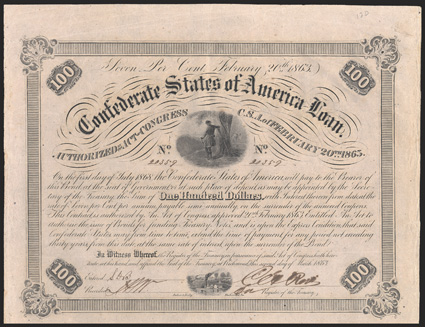 Act of February 20, 1863. $100. Cr. 120, B-212. No. 20359. Confederate officer overlooking the Rappahannock River west of Fredericksburg, leaning against tree. Steamboat at
bottom. Archer & Daly, Richmond, Va. Signed by Rose. Full sheet with