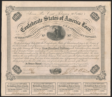 Act of February 20, 1863. $100. Cr. 120, B-212. No. 14187. As previous, except signed by Rose. 9 coupons below, 1 missing. Edge wear and soiling, VF. From The Holger Dreher
Collection