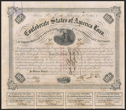Act of February 20, 1863. $100. Cr. 120, B-216. Trans-Mississippi Bond. No. 26721. Confederate officer overlooking the Rappahannock River, west of Fredericksburg. Signed by
Tyler. Three line red overprint, bond endorsed on face by Alphonse