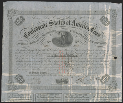 Act of February 20, 1863. $100. Cr. 120, B-216. Trans-MIssissippi Bond. No. 27011. Vignette of a Confederate officer leaning against a tree, gazing into the Rappahannock River,
west of Fredericksburg. Three line red overprint, bond endorsed