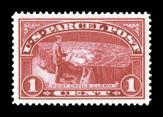 Q1, 1c Parcel Post, a stunning mint single, featuring magnificent centering within extravagantly large margins, but even more impressive is the stamps spectacular color, being
incredibly deep and intense, as well as an impression that would riv