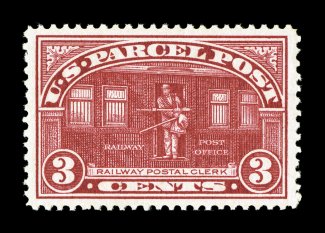 Q3, 3c Parcel Post, marvelously well centered within unusually large margins, bright fresh color, pristine o.g., n.h., extremely fine and quite desirable 2007 PSE certificate
(XF-Superb 95 SMQ $475.00).