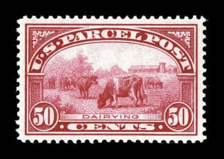 Q10, 50c Parcel Post, a fantastic mint single that possesses extraordinarily large and absolutely perfectly balanced margins all around, beautiful vibrant color and a well
defined impression on bright white paper, immaculate o.g., without a sing