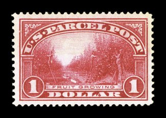 Q12, $1.00 Parcel Post, a highly desirable mint single, featuring extravagantly large margins all around and being remarkably well centered within them, brilliant color and a
well incised impression, pristine o.g., n.h., extremely fine gem 1992