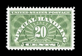 QE3, 20c Special Handling, marvelously well centered within extra-wide margins, exceedingly bright and fresh, o.g., n.h., extremely fine gem 2007 PSE certificate (Superb 98 SMQ
$145.00) one of only two stamps to grade 98, with just one gradin