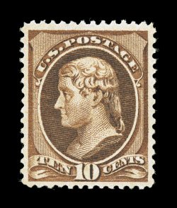 209, 10c Brown, post office fresh mint single, strikingly intense rich color and a razor-sharp impression on bright paper, well centered within large margins, unblemished o.g.,
never hinged, very fine and quite choice 2004 PF certificate.