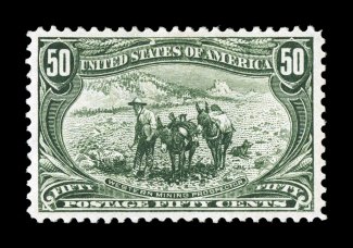 291, 50c Trans-Mississippi, exceedingly well centered within uncharacteristically large margins, rich luxuriant color and a well incised impression, o.g., relatively lightly
hinged, extremely fine an especially handsome Fifty Cent Trans-Mississ