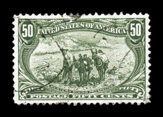 291, 50c Trans-Mississippi, used, exceptionally well centered within wide margins, bright fresh color, lightly cancelled, extremely fine 2007 PSE certificate (XF 90 SMQ
$485.00).