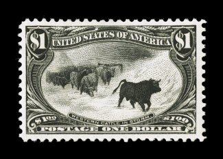 292, $1.00 Trans-Mississippi, an especially handsome mint example, featuring lavishly large margins not often seen, wonderfully well centered as well, prooflike color and
impression, full o.g., relatively lightly hinged, extremely fine and choic