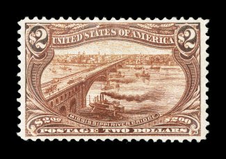 293, $2.00 Trans-Mississippi, a most impressive mint example that is exceedingly well centered within much larger margins than normally associated with this high value, lovely
rich color and a wonderfully detailed impression, o.g., lightly hinge