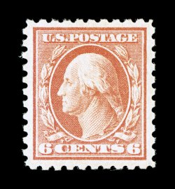 468, 6c Red orange, unusually choice mint single, featuring outstanding centering within lavishly large margins which are most uncharacteristic, bright color, o.g., n.h.,
extremely fine 2007 PSE certificate (XF 90 SMQ $680.00).