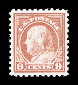471, 9c Salmon red, a fabulous quality mint single of one of the most difficult values in the series to find in gem condition, mathematically precise centering within
exceptionally large margins, beautiful color that is uncommonly bright and ric
