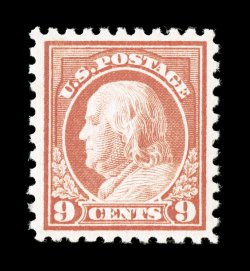 471, 9c Salmon red, particularly well centered and margined, beautiful rich color and a clean impression on bright white paper, pristine o.g., n.h., extremely fine 2002 PF
certificate and a 2006 PSE certificate (XF 90 SMQ $470.00).