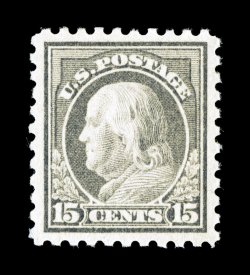 475, 15c Gray, especially well centered within large margins, bright fresh color on crisp white paper, o.g., lightly hinged, extremely fine 2007 PSE certificate (XF-Superb 95
SMQ $580.00).