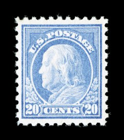 476, 20c Light ultramarine, an especially fresh and choice mint example, with beautiful powder blue color and a clean impression on pristine white paper, extraordinarily well
centered within large margins, o.g., n.h., extremely fine 1987 and