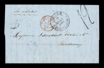 1854 Moule unpaid stampless entire letter to France, entire letter with well struck black MouleGuadeloupe11 Mars 1854 double-circle c.d.s., similar Basse Terre transit c.d.s.
over letter seal on the reverse, bold 12 rate handstamp for 12 de