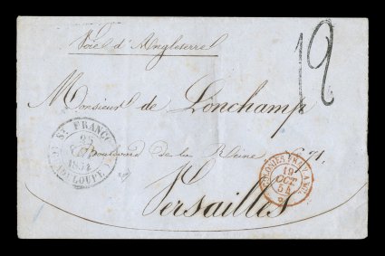 1854 Saint Francois unpaid stampless cover to France, extraordinarily rare black St. FrancoisGuadeloupe25 Sep 1854 double-circle c.d.s. on folded cover (missing side flaps) from
the tiny village of Saint Francois, similar Basse Terre tran