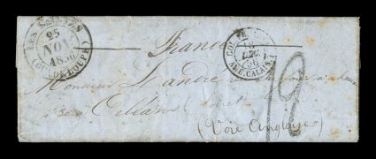 1856 Les Saintes unpaid stampless entire letter to France, extremely rare entire letter with unique black Les SaintesGuadeloupe25 Nov. 1856 double-circle c.d.s., similar Basse
Terre transit c.d.s. on the reverse, 12 rate handstamp for 12 de