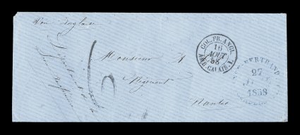 1858 Anse Bertrand unpaid stampless cover to France, attractive petite blue envelope with a discernible strike of the exceedingly rare blue Anse-BertrandGuadeloupe27 Juil 1858
rimless c.d.s., Basse Terre transit c.d.s. on the reverse, 6 rat