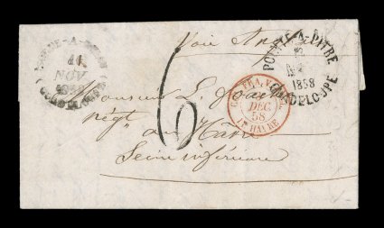 1858 Morne-a-lEau unpaid stampless entire letter to France, black Morne-a-lEauGuadeloupe16 Nov 1858 rimless c.d.s. with the date corrected to 11 on folded entire letter to Le
Havre, similar Pointe-a-Pitre transit c.d.s. at right, 6 rate
