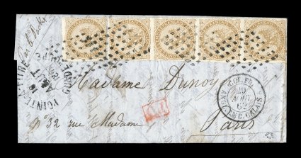 French Colonies Yvert 3, 1859 10c Yellow bister vertical strip of four plus a single, strip with mostly large margins, tied to petite 1862 entire folded letter to France by black
lozenge cancels, Pointe-a-PitreGuadeloupe10 Aout 1862 rimless