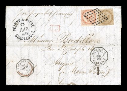 French Colonies Yvert 3, 5, 1859 10c Yellow bister and 40c Vermilion, attractive singles of each tied to 1863 entire folded letter by single bold 7x7 point lozenge cancel,
matching black Pointe-a-PitreGuadeloupe28 Juin 1863 rimless c.d.s., c