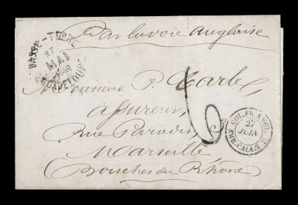 1860 Basse Terre unpaid stampless cover to France, marked for the unpaid single rate with a large 6 rate handstamp, Basse-Terre27 Mai 1860 rimless c.d.s., carried via British
packet with black Calais entry transit, backstamped Marseilles, ve