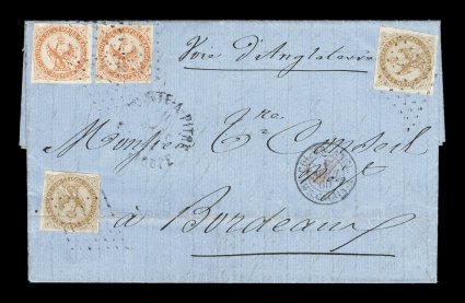 French Colonies Yvert 3, 5, 1859 10c Yellow bister and 40c Vermilion, two singles of each with mostly large margins all around, one 10c affected by horizontal file fold, tied to
1860 entire folded letter to France by delicate lozenge cancels, P