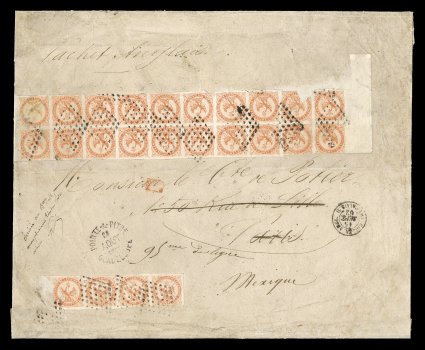 French Colonies Yvert 5, 1859 40c Vermilion block of twenty being a full two horizontal rows of the sheet with large sheet margins at each side (affixed over edge of cover at one
end), plus a strip of four and one stamp lost en route, a most ama