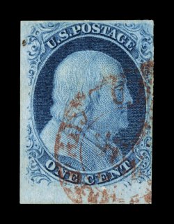 8, 1c Blue, Ty. III, position 99R2, a gorgeous used example of this highly sought-after classic rarity, possessing mostly large to huge margins (just touching at bottom right),
including a sizable portion of a sheet margin at bottom, which allow