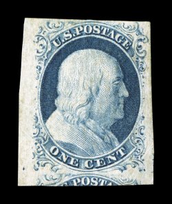 9, 1c Blue, Ty. IV, four margins ranging from large to absolutely enormous at left and bottom, including a significant portion of the adjoining stamp at bottom, strong rich color
and a detailed impression, full o.g., lightly hinged, extremely fi