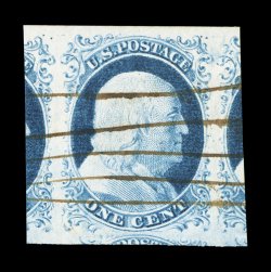 9, 1c Blue, Ty. IV, position 9R1L, a spectacular used single, featuring gigantic margins all around including equal large portions of the adjoining stamps at right and left, rich
bright color and a well incised impression on fresh white paper, n