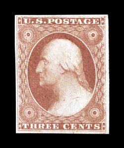 11 var., 3c Dull red, gash on shoulder variety, fresh mint example of this elusive plate variety, lovely rich color and a clean impression, four full to large margins, o.g. that
has probably not been hinged, but some small adhesion specks prompt
