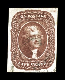 12, 5c Red brown, an incredibly handsome used example, featuring four lavishly large margins, sumptuously rich color and a sharp detailed impression, uncommonly light town
c.d.s., extremely fine gem while nice used examples of 12 can be found,
