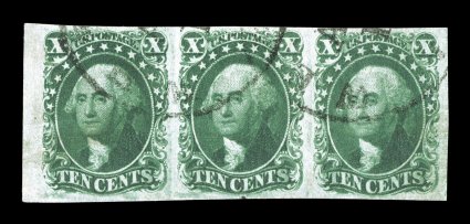 14, 10c Green, Ty. II, left sheet-margin horizontal strip of three, other margins also large, rich luxuriant color and a sharp detailed impression, light town cancels, extremely
fine a handsome and very scarce multiple 2007 PF certificate.