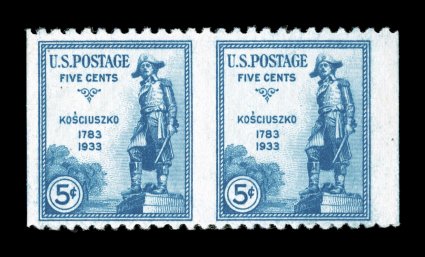734a, 5c Kosciuszko, horizontal pair, imperforate vertically, right sheet-margin pair, exceedingly fresh color, centered a bit to the bottom as often, o.g., relatively lightly
hinged, very fine for this rare error 2007 PSE certificate.