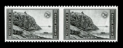 746a, 7c Parks, horizontal pair, imperforate vertically, unusually well centered, o.g., lightly hinged, usual natural paper crease on right stamp, choice very fine only 50 pairs
were produced 1975 APS and 1976 PF certificates for the block
