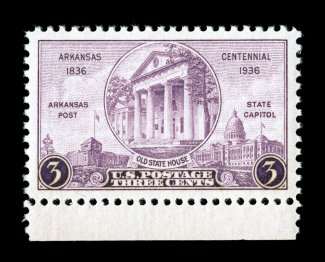 782, 3c Arkansas Centennial, bottom sheet-margin single, mathematically precise centering with large margins, lovely fresh color, o.g., n.h., superb 2007 PSE certificate (Gem
100 SMQ $300.00) this is the highest grade the PSE has given this