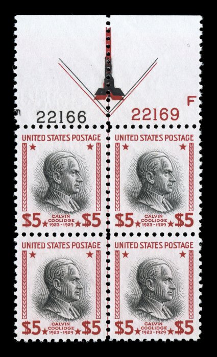 832-34, $1.00-$5.00 Presidentials, full top margin plate blocks of four, each is exceptionally well centered and with bright colors, o.g., n.h., extremely
fine.