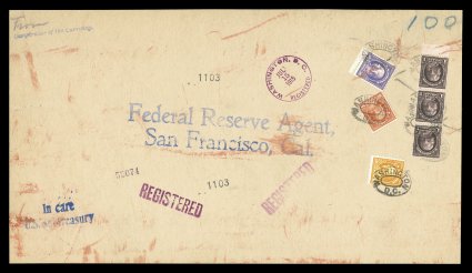 423, $1.00 Violet brown, bottom sheet-margin vertical strip of three, along with 50c Violet (422), 30c Orange red (420) and 10c Orange Yellow (416), all mostly well centered,
especially the $1.00 and 50c values, tied by Washington, D.C. oval